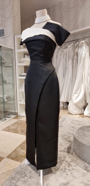 Black Satin two in one evening dress with hand beaded neckline and detachable train skirt - Image 9