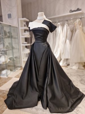 Black Satin two in one evening dress with hand beaded neckline and detachable train skirt - Image 4