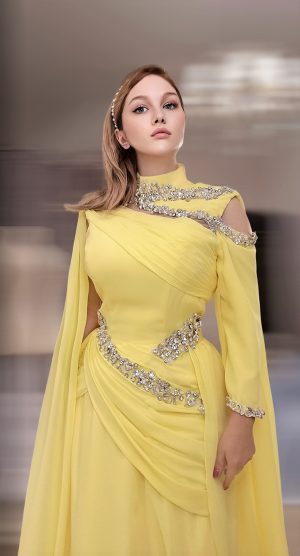 Pleated italian Chiffon one cold shoulder Asymetrical Evening dress with handmade crystal and Zercon stones - Image 3