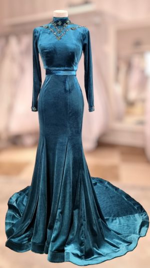 Velvet mermaid evening dress with handmade beaded embroidered cover up crop top jacket. - Image 3