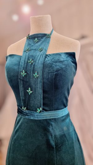 Velvet mermaid evening dress with handmade beaded embroidered cover up crop top jacket. - Image 5