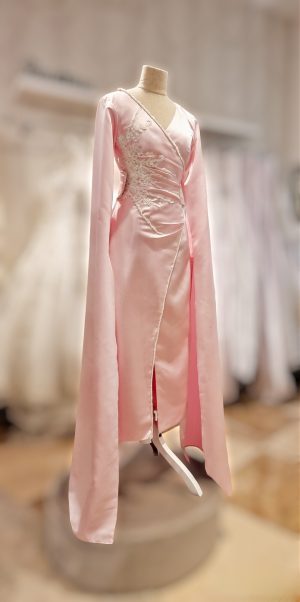 Pink Satin Wrap Dress with handmade beaded appliques and floor length sleeves