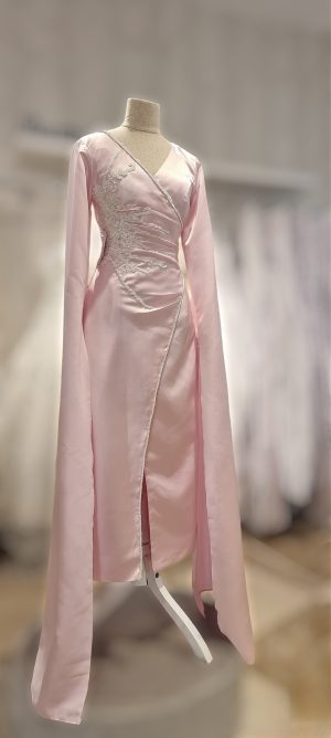 Pink Satin Wrap Dress with handmade beaded appliques and floor length sleeves - Image 3