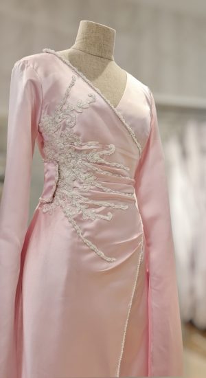 Pink Satin Wrap Dress with handmade beaded appliques and floor length sleeves - Image 2