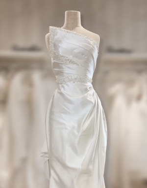 Mermaid Satin Wedding dress with detachable skirt and handbeaded pearls and crystals - Image 6