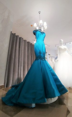 Spectacular turquoise mermaid satin events gown with illusion off shoulders neckline with beaded embroidered appliques for brides or big parties and shows - Image 8