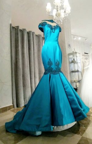 Spectacular turquoise mermaid satin events gown with illusion off shoulders neckline with beaded embroidered appliques for brides or big parties and shows - Image 5