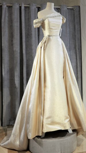 Golden floor length luxury modified neckline Engagement/ Evening - Image 2