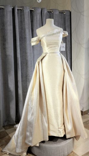 Golden floor length luxury modified neckline Engagement/ Evening