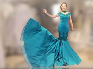 Spectacular turquoise mermaid satin events gown with illusion off shoulders neckline with beaded embroidered appliques for brides or big parties and shows - Image 2