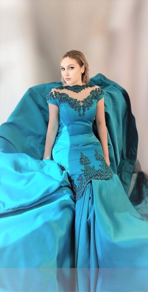 Spectacular turquoise mermaid satin events gown with illusion off shoulders neckline with beaded embroidered appliques for brides or big parties and shows - Image 4