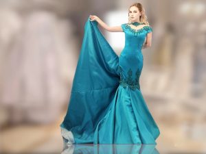 Spectacular turquoise mermaid satin events gown with illusion off shoulders neckline with beaded embroidered appliques for brides or big parties and shows - Image 3