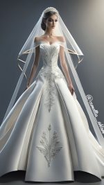 Wedding dress satin with embroidered motifs